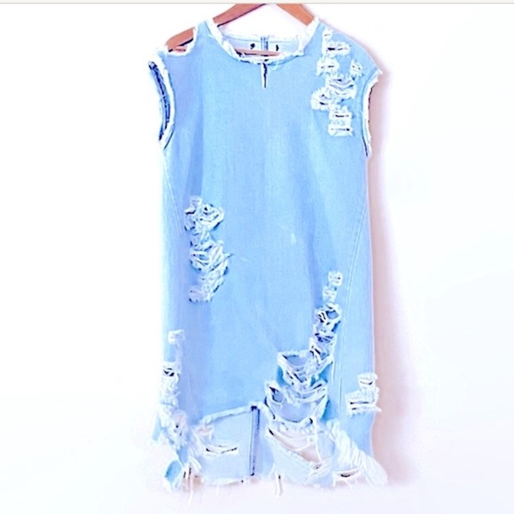 Denim jeans dress distressed mini sleeveless, - Picture 1 of 5